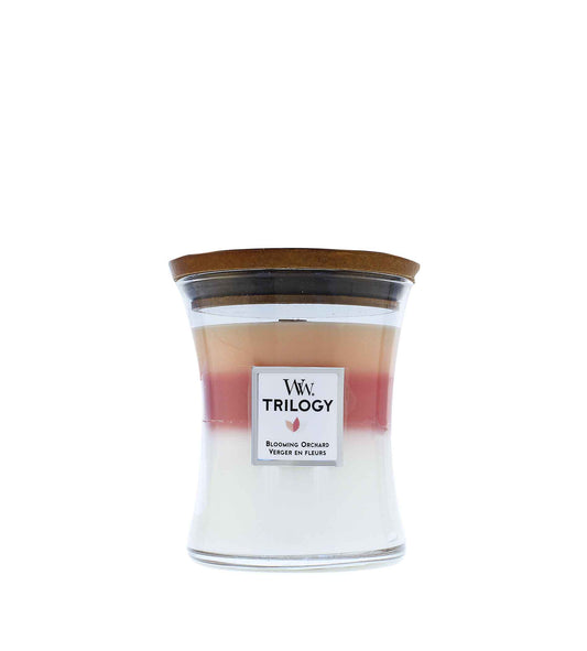 WoodWick Trilogy Blooming Orchard scented candle wooden wick 275 g